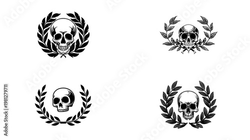 Skull laurel emblem set with monochrome wreath badges and heraldic symbols for military insignia biker logos tattoo art and dark branding themes