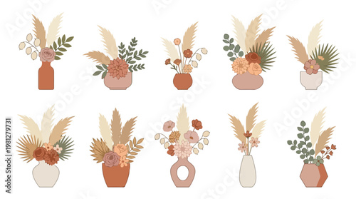 Bohemian dried floral arrangements in vases with pampas grass and eucalyptus leaves in earthy tones