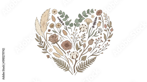 Delicate heart shape formed by an arrangement of dried flowers and botanical elements in muted earthy tones