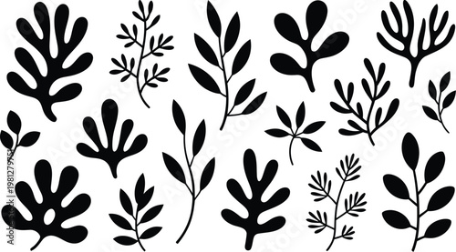 Seaweed Silhouette Vector Collection Featuring Abstract Algae Shapes and Black Underwater Plants, Ocean Botanical Elements for Coastal Design, Marine Flora Illustration Set, and Minimal Aquatic Decor