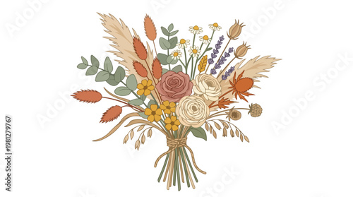Bohemian dried flower bouquet featuring pampas grass, roses, and eucalyptus in warm earthy tones