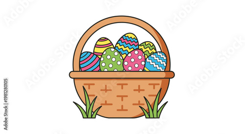 Colorful Easter basket filled with decorated eggs on white background illustration