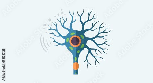 Stylized illustration of a human nerve cell showing neuron anatomy and degeneration