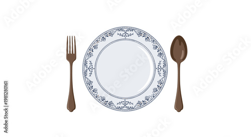 A classic white porcelain plate featuring a delicate blue filigree border is set symmetrically between a dark brown fork and spoon on a clean background.