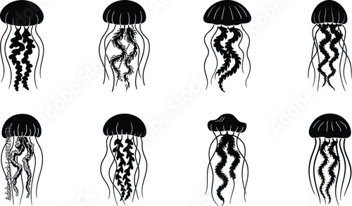 Jellyfish Silhouette Vector Pack Featuring Marine Animal Shapes in Various Poses, Black Ocean Life Elements Isolated on Background for Underwater Design, Aquatic Illustration, and Creative Projects