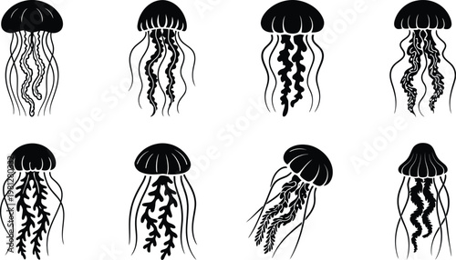 Jellyfish Silhouette Vector Pack Featuring Marine Animal Shapes in Various Poses, Black Ocean Life Elements Isolated on Background for Underwater Design, Aquatic Illustration, and Creative Projects