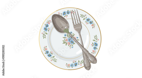 An antique porcelain plate adorned with delicate blue flower clusters and a gold rim holds a crossed vintage silver spoon and fork in soft lighting.