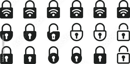 Smart Lock Technology Icon Set Featuring Digital Locks, Security, and Access Control Symbols, Silhouette Vector Illustration for Modern Authentication, App UI, Website Design, and Cybersecurity Projec