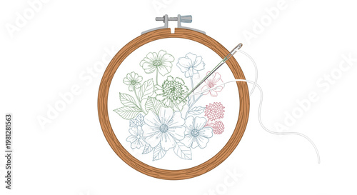 A meticulous wooden embroidery hoop frames a delicate floral line art pattern on white fabric with a silver needle and long cream thread on white.
