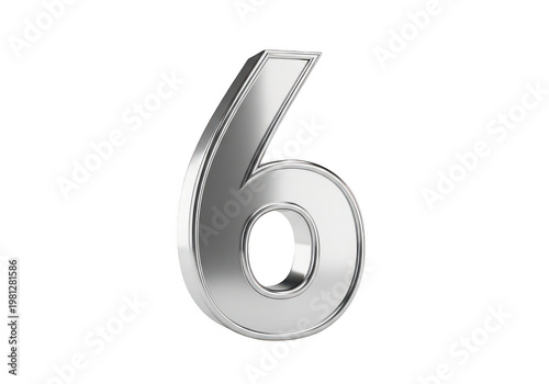 A realistic chrome number six stands out against a black backdrop on transparent background