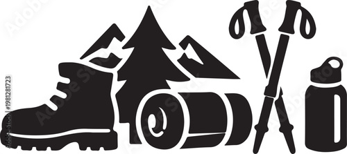 Outdoor adventure camping gear set with hiking boot sleeping bag and trekking poles icons.