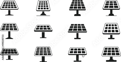 Solar Panel Icon Set Featuring Silhouette Web Icons for Solar Energy, Sustainable Power, Clean Technology, and Eco Friendly Solutions, Vector Illustration for App UI, Website Design, and Green Energy 