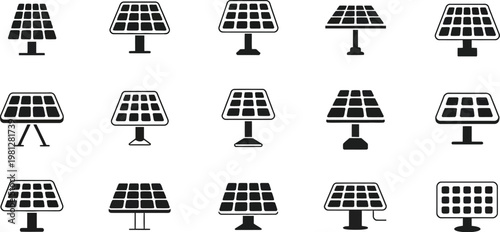 Solar Panel Icon Set Featuring Silhouette Web Icons for Solar Energy, Sustainable Power, Clean Technology, and Eco Friendly Solutions, Vector Illustration for App UI, Website Design, and Green Energy 