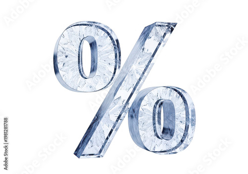 A realistic 3d rendered glass percentage symbol with bevel and highlights on transparent background