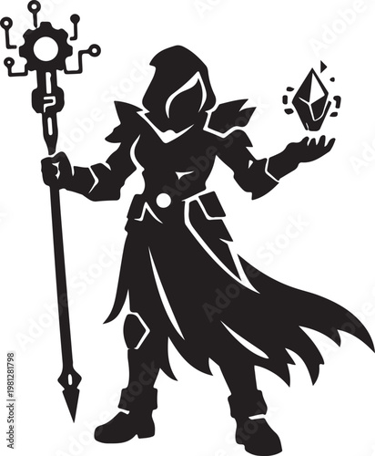 Fantasy mage with staff and crystal in silhouette.
