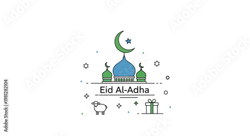 Eid Al-Adha celebration illustration with mosque and sacrificial sheep on white background.