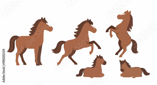 horse, farm animal, brown horse, cartoon horse, animal, farm, agriculture, pony, rural, livestock, cute, kids, standing, running, walking, flat style, vector, illustration, isolated, EPS10, collection
