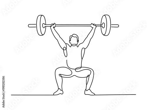 Continuous line drawing of a male athlete performing a clean and jerk lift with weights in a gym setting