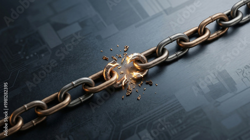 Broken silver chain with rusted padlock symbolizing security breach and vulnerability on dark textured surface