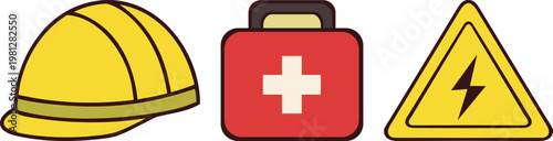 Safety Helmet First Aid Kit and Warning Sign Vector