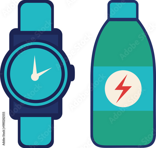 Smartwatch and Energy Drink Bottle Vector Illustration
