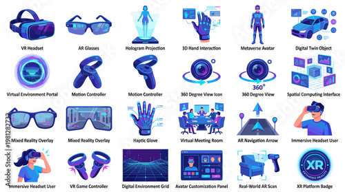 Virtual reality headset and immersive technology icon set with digital simulation gaming interface and futuristic interaction concepts