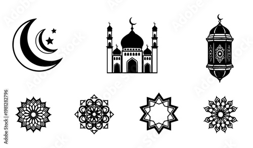 Complete Islamic Eid icons black and white vector set with mosque and crescent elements