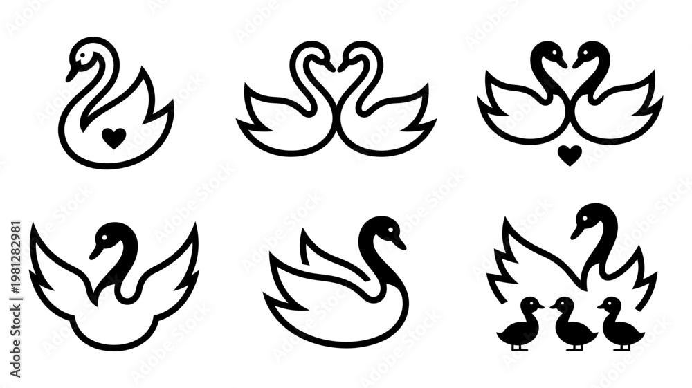 Obraz premium Elegant swan silhouette icon set featuring heart shapes and family groups in minimalist black vector design