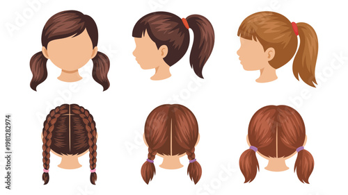 Detailed hair styling guide for young girls with multiple views of ponytails and braids in digital illustration