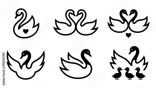 Elegant swan silhouette icon set featuring heart shapes and family groups in minimalist black vector design