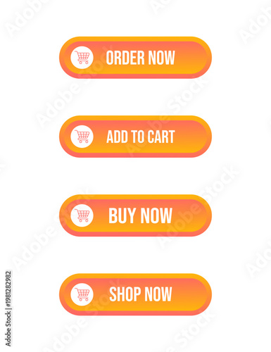 A set of four orange button designs for online shopping featuring cart icons