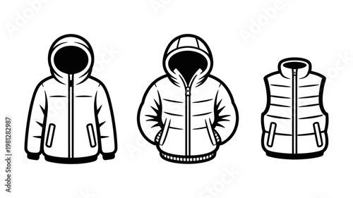 Set of winter jacket icons including puffer coats and vests in clean black outline style for fashion retail