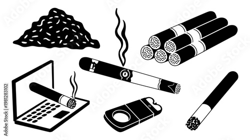 Black and white cigar collection vector icon set featuring smoking tobacco products and accessories design