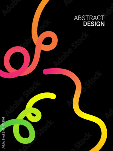 A vibrant abstract design featuring colorful curving lines against a stark black background