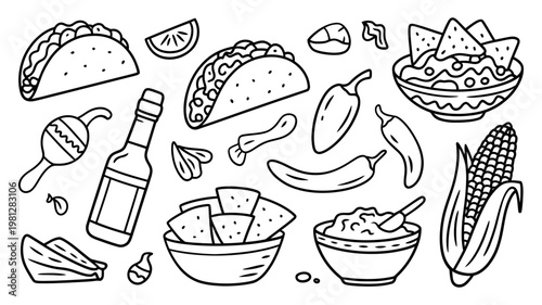 Mexican food ingredient icons collection featuring tacos and salsas for culinary and restaurant branding