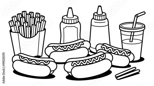 Classic fast food meal vector set including hot dogs fries and soda with condiments in line art style
