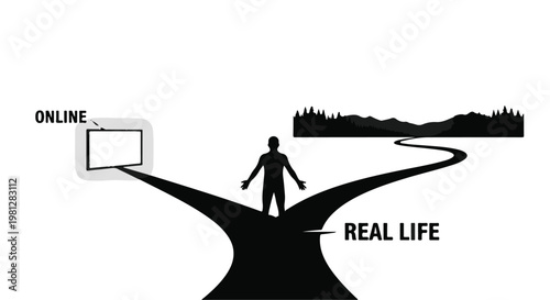 person standing at crossroads of online and real life