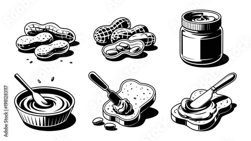 Artisanal peanut butter making and consumption set in black and white vector graphic illustration style