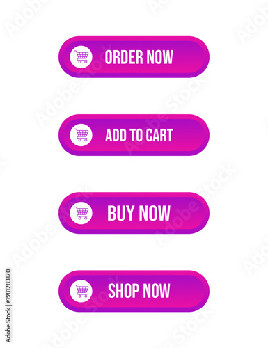 A series of vibrant pink and white call to action buttons with shopping cart icons