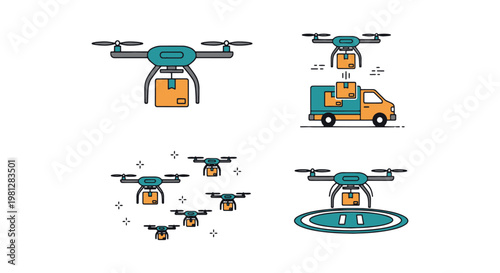 Drone Delivery Fleet Line art minimal abstract color shapes