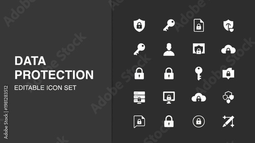 A large assortment of white solid data protection icons is showcased on a dark grey gradient background.