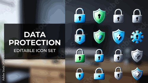 Multicolored solid data protection icons are displayed against a softly blurred office interior backdrop.