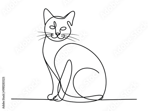 Continuous line drawing of a sitting cat looking ahead with whiskers and ears up  simple minimalist pet portrait