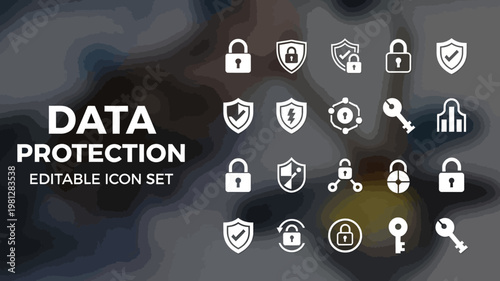 A diverse range of white solid data protection icons is presented on a dark blurred abstract background.