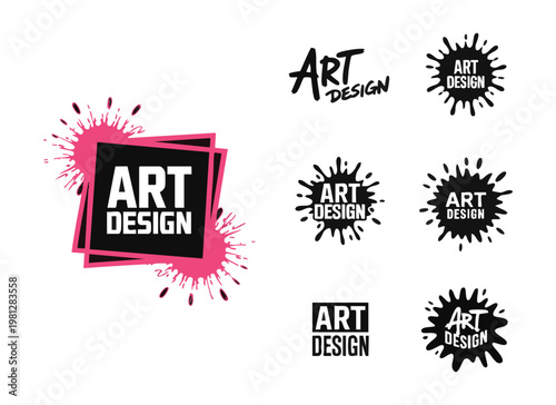 Creative art design logo collection with vibrant pink splash and black geometric frame compositions