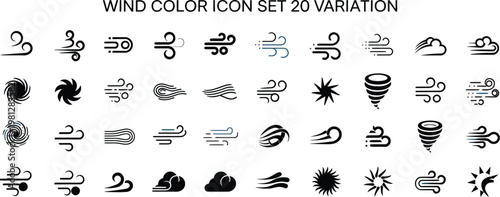 Wind Icon Set Featuring 20 Blue Wind Symbol Variations, Clean Vector Illustration in EPS Format for Weather Apps, Climate Design, Air Flow Concepts, and Modern UI UX Digital Projects