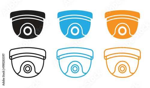 Dome Security Camera Icon Set, CCTV Surveillance Symbols in Filled and Outline Styles, Multicolor Minimal Design