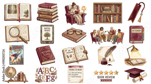 Vintage education and reading illustration set with books library students and study elements, perfect for academic themes, knowledge concepts, and learning materials.