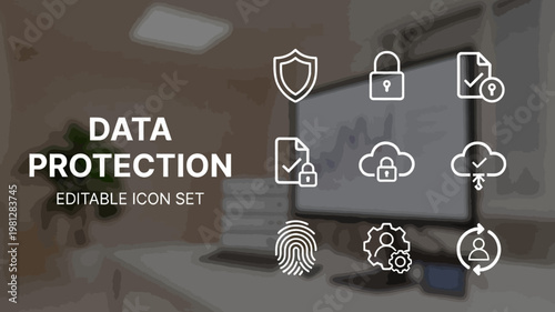 A modern office setting showcases white outline data protection icons for digital security.