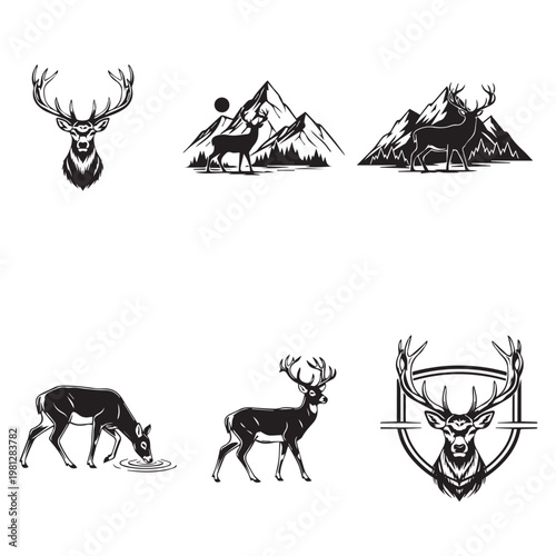 Deer Buck and Doe Woodland Animal Vector Kit with Alpine Peaks and Circular Frames